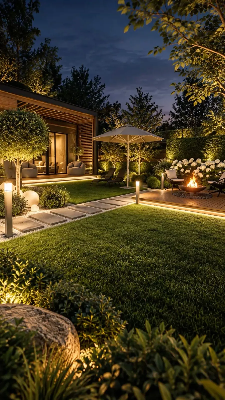 Jardin paysagé éclairé le soir, pelouse, terrasse et brasero